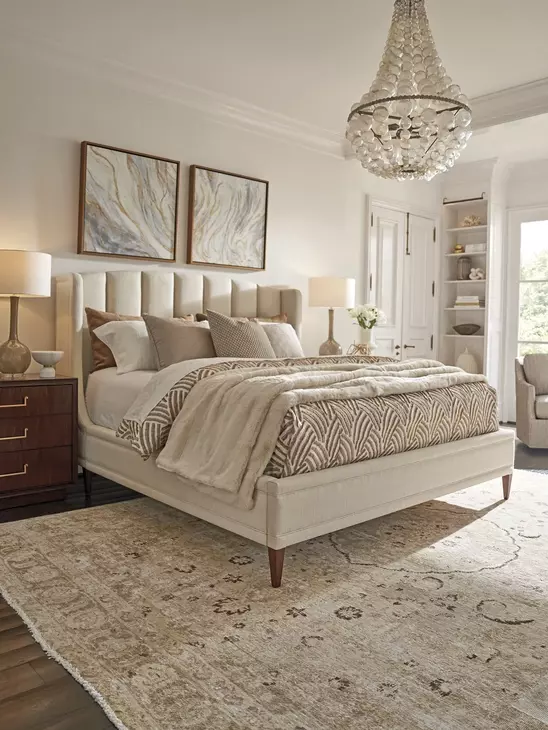 Savoy Rendezvous Ivory and Brown Performance Fabric California King Upholstered Panel Bed