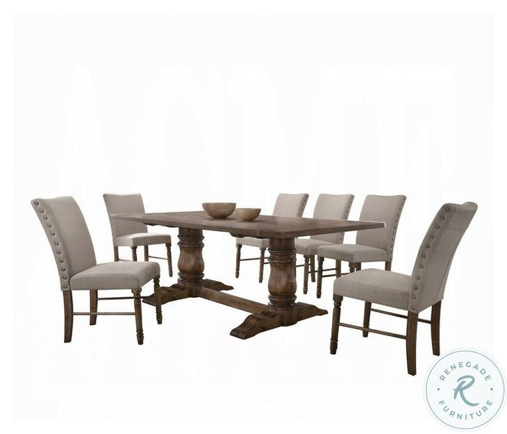 Leventis Cream Linen and Weathered Oak Side Chair with Nailhead Trim Set of 2