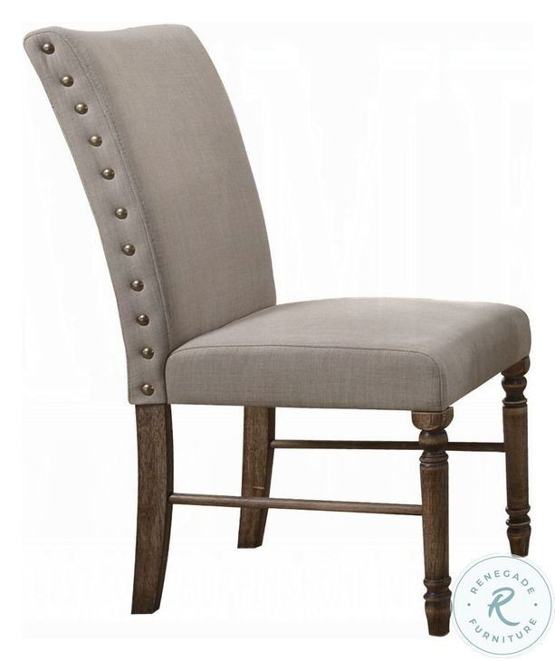 Leventis Cream Linen and Weathered Oak Side Chair with Nailhead Trim Set of 2