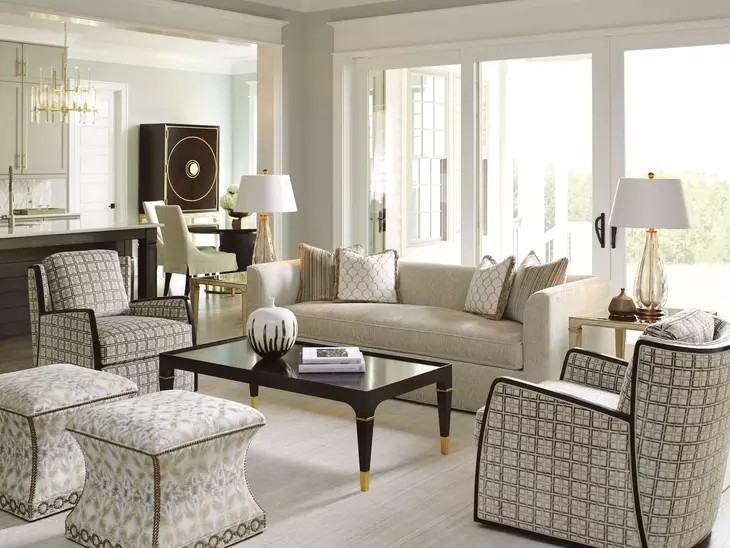 Merino Carlyle Beige Upholstered Square Ottoman with Nailhead Trim