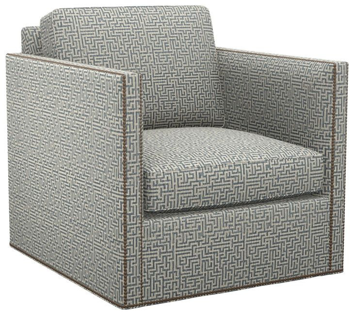Hinsdale Blue and White Upholstered Swivel Chair with Nailhead Trim