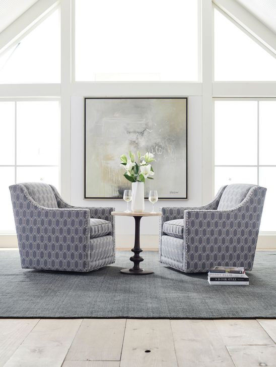 Barrier Gray Upholstered Swivel Chair with Nailhead Trim