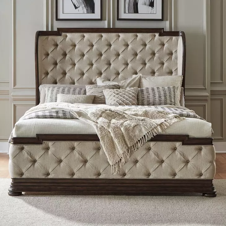 Provence Park Chateau Brown and Texture Cream King Upholstered Shelter Bed
