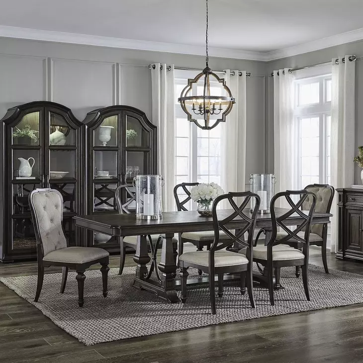 Parkside Estate Chateau Brown and Cream Upholstered 7 Piece Extendable Trestle Base Dining Set