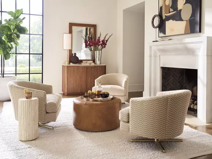 Graves La Costa Beige and Brass Upholstered Swivel Chair