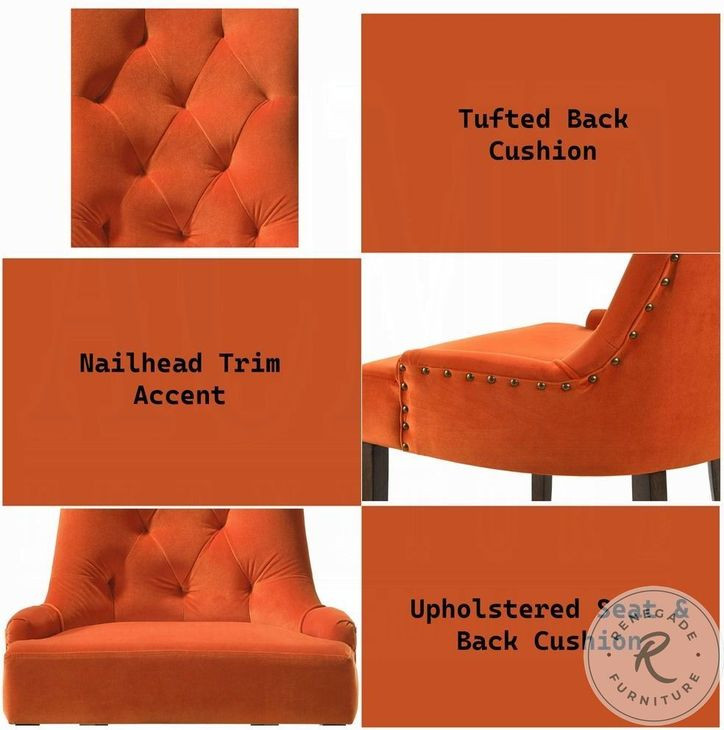 Farren Orange Velvet and Weathered Oak Side Chair with Nailhead Trim Set of 2