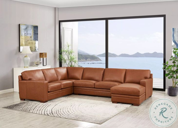 Langston Nutmeg Leather 4 Piece Modular Sectional with Nailhead Trim