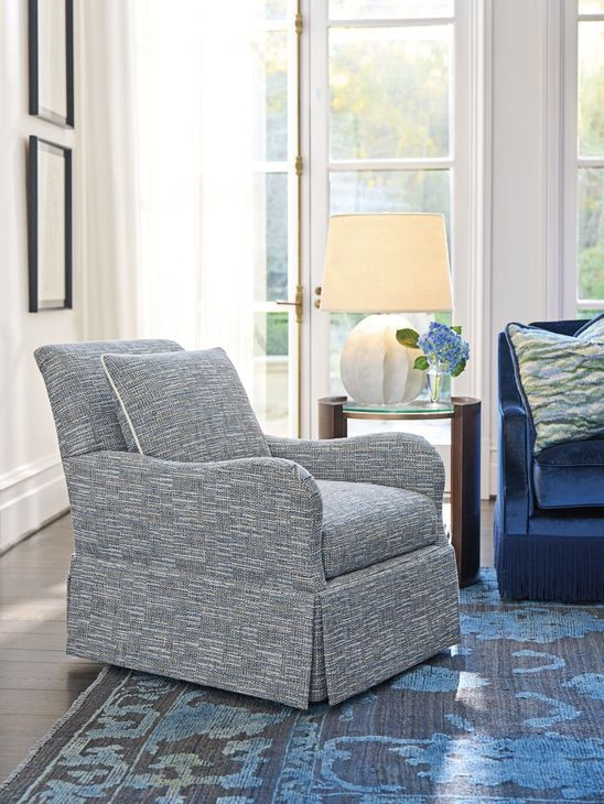 Palm Frond Rendezvous Blue Upholstered Swivel Chair with Pillow