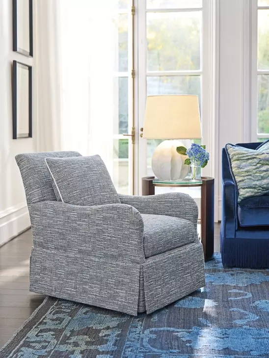 Palm Frond Rendezvous Blue Upholstered Swivel Chair with Pillow