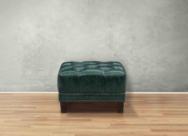 Picavel Green Leather Upholstered Rectangular Ottoman with Nailhead Trim