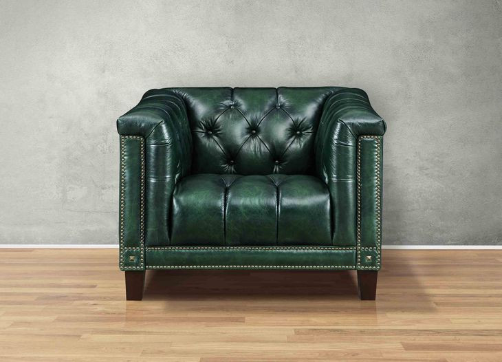 Picavel Green Leather Upholstered Accent Chair with Nailhead Trim