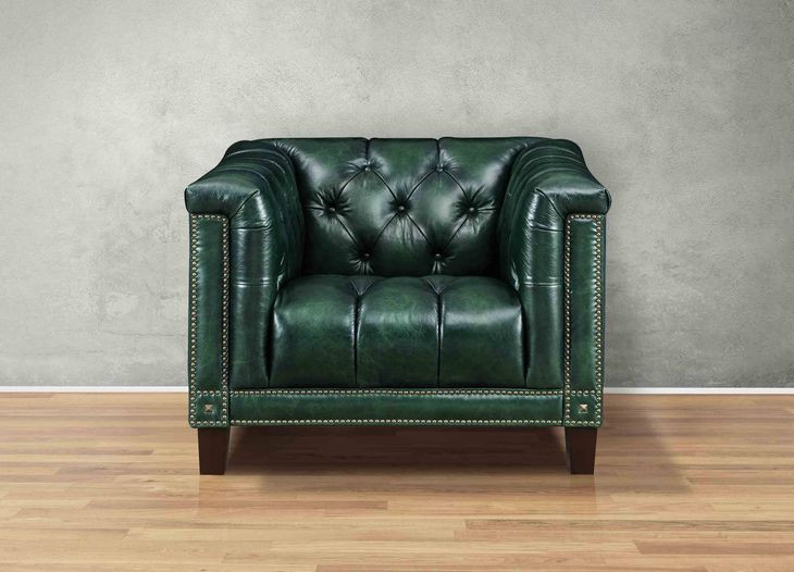 Picavel Green Leather Upholstered Accent Chair with Nailhead Trim