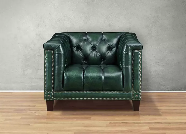 Picavel Green Leather Upholstered Accent Chair with Nailhead Trim