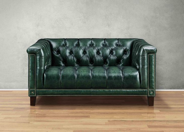 Picavel Green Leather 65" Loveseat with Nailhead Trim