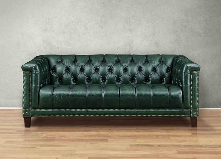 Picavel Green Leather 84" Sofa with Nailhead Trim