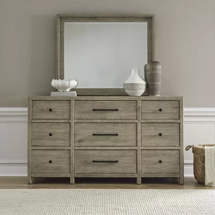 Proximity Place Barley Buff 9 Drawer Dresser and Square Mirror