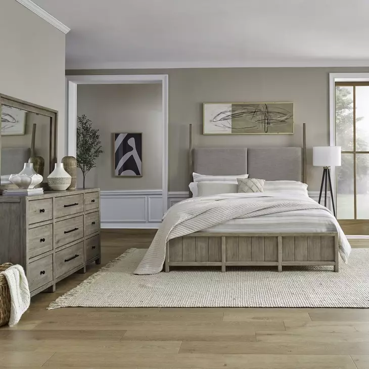 Proximity Place Barley Buff and Beige Queen Upholstered Poster Bed