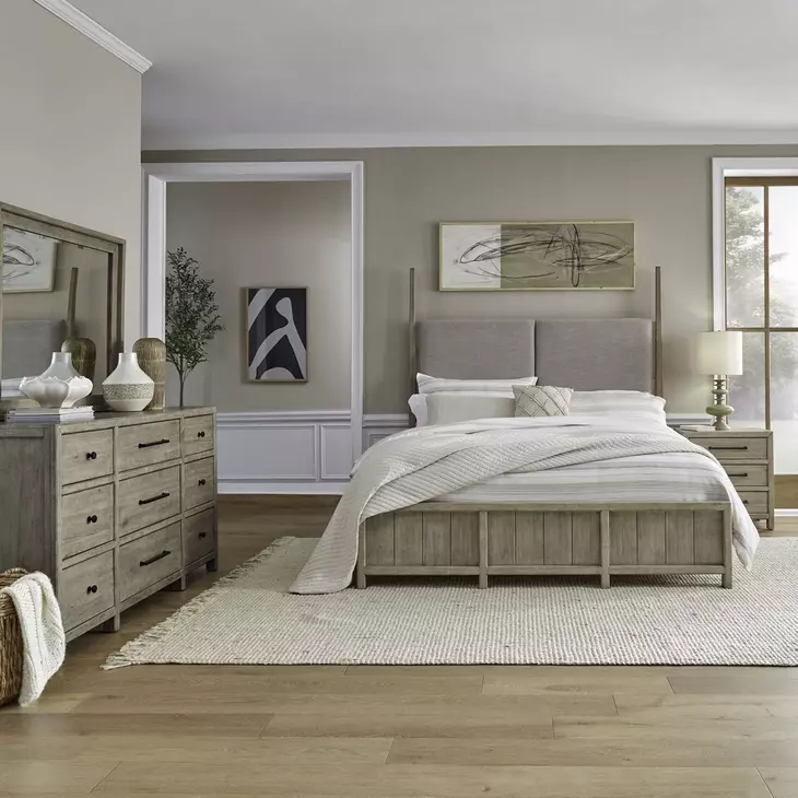 Proximity Place Barley Buff Upholstered Poster Bedroom Set