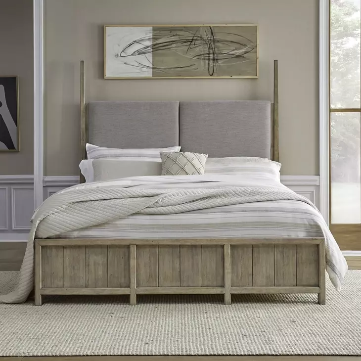 Proximity Place Barley Buff and Beige Queen Upholstered Poster Bed