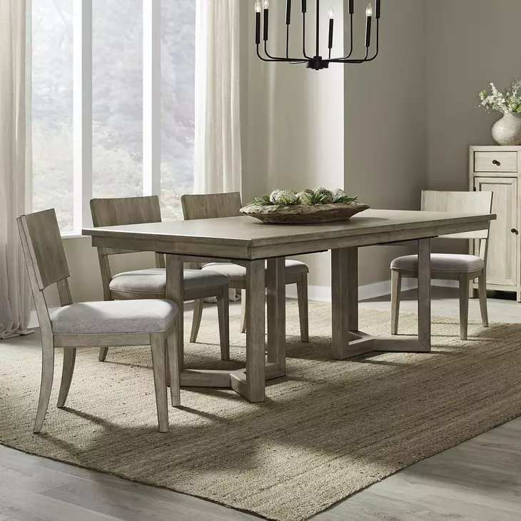 Proximity Place Barley Buff and Beige Upholstered 5 Piece Extendable Double Pedestal Base Dining Set