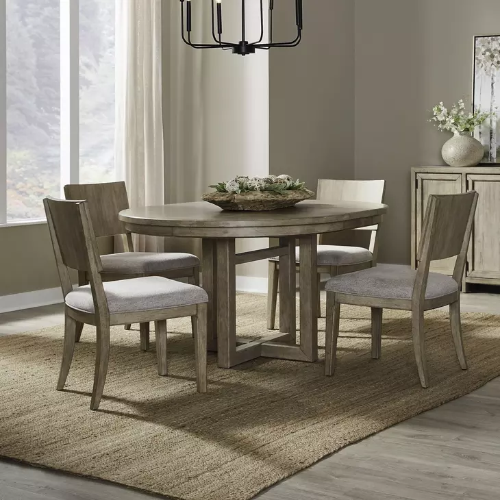 Proximity Place Barley Buff and Beige Upholstered 5 Piece Extendable Pedestal Base Dining Set