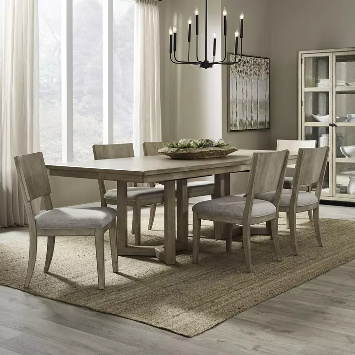 Proximity Place Barley Buff and Beige Upholstered 7 Piece Extendable Double Pedestal Dining Set