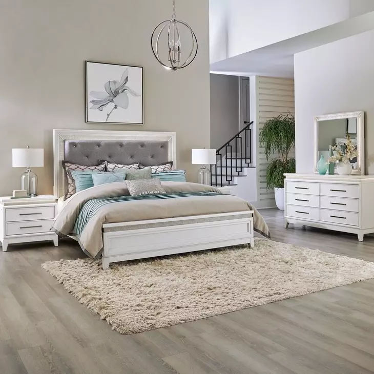 Reflections Pearl White and Gray King Upholstered Panel Bed with LED