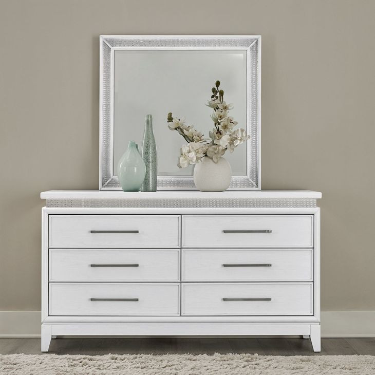 Mirrorline Pearl White and Rhinestone 6 Drawer Dresser with LED in Mirror