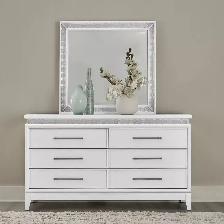 Reflections Pearl White and Rhinestone 6 Drawer Dresser with LED in Mirror