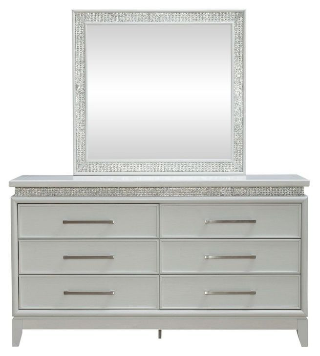 Reflections Pearl White and Rhinestone 6 Drawer Dresser with LED in Mirror