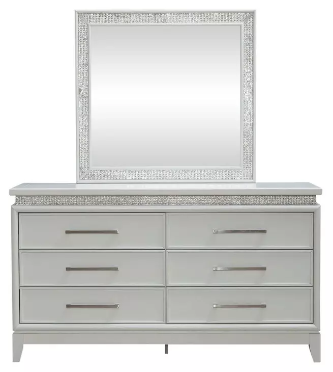 Reflections Pearl White and Rhinestone 6 Drawer Dresser with LED in Mirror