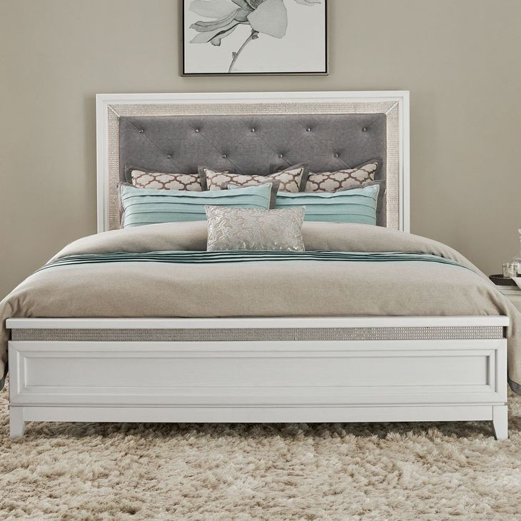 Mirrorline Pearl White and Gray King Upholstered Panel Bed with LED