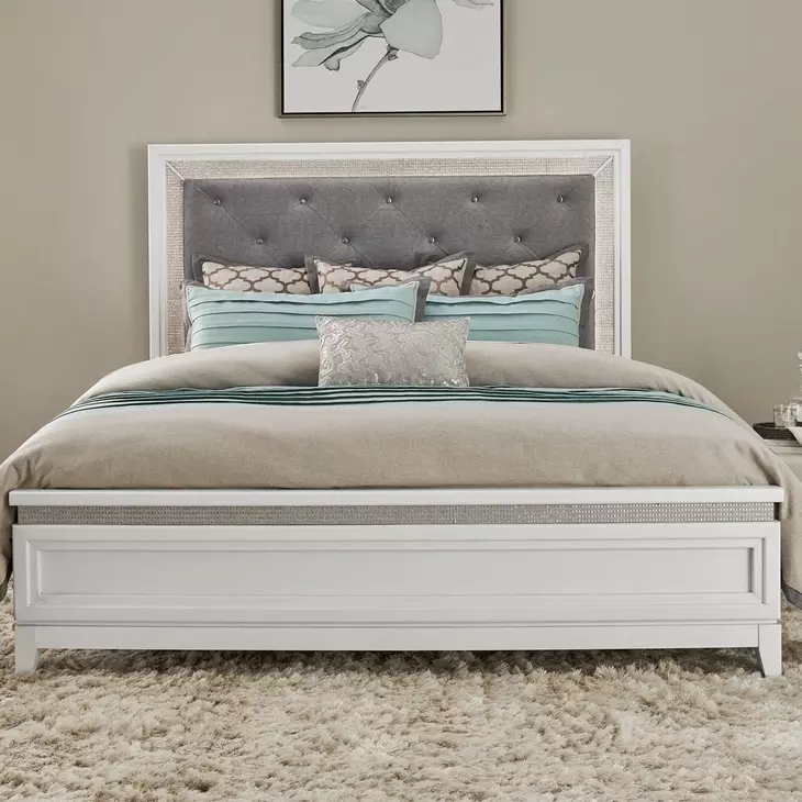 Reflections Pearl White and Gray King Upholstered Panel Bed with LED