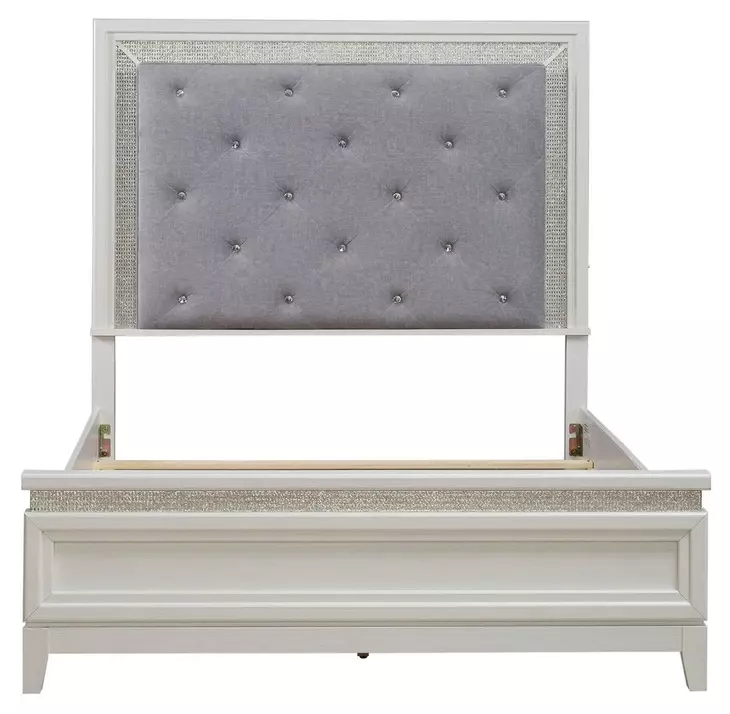 Reflections Pearl White and Gray Queen Upholstered Panel Bed with LED