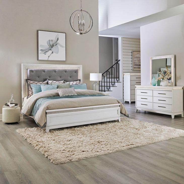 Mirrorline Pearl White and Rhinestone Lighted Rectangular Mirror