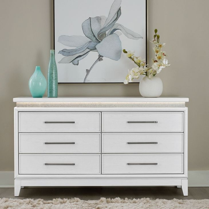 Mirrorline Pearl White and Rhinestone 6 Drawer Dresser with LED