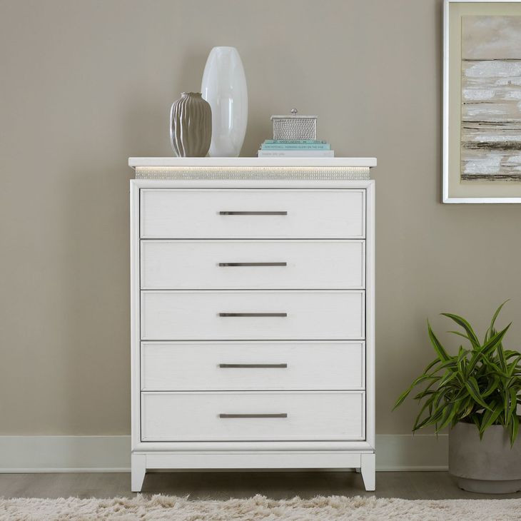 Mirrorline Pearl White and Rhinestone 5 Drawer Chest with LED