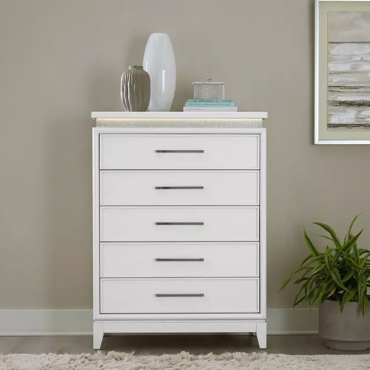 Reflections Pearl White and Rhinestone 5 Drawer Chest with LED