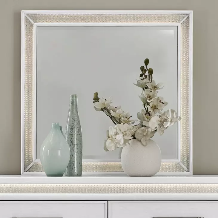 Reflections Pearl White and Rhinestone Lighted Rectangular Mirror