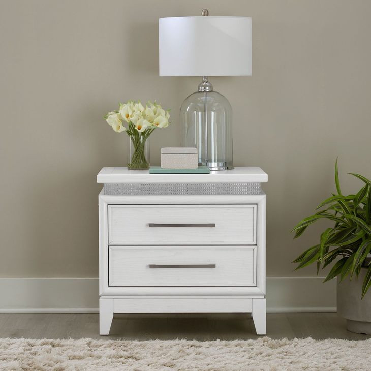 Mirrorline Pearl White and Rhinestone 2 Drawer Nightstand with USB Charging