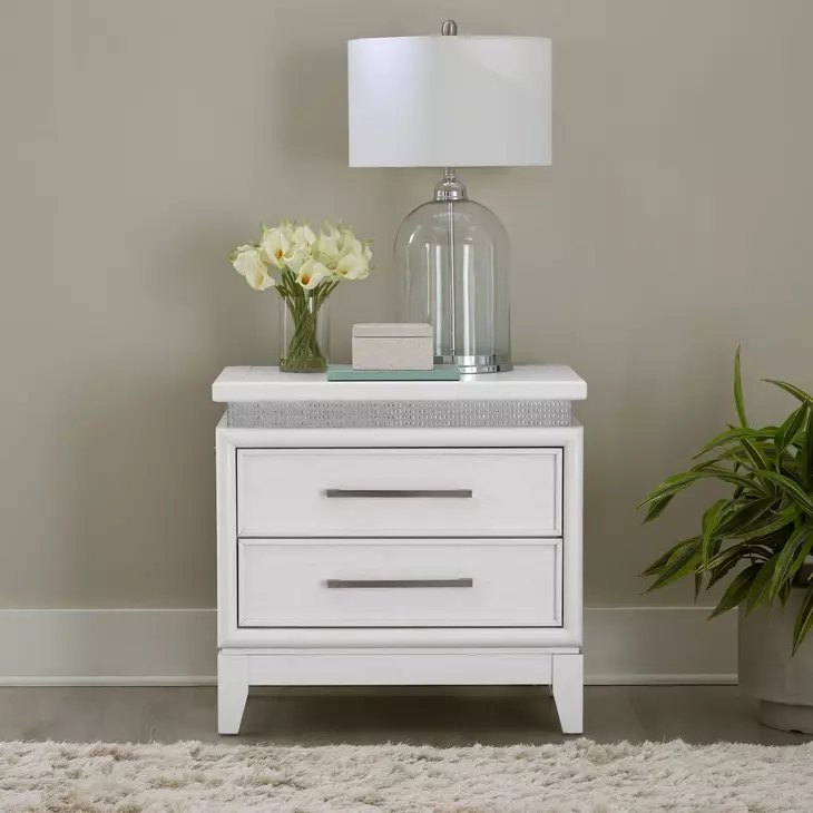 Reflections Pearl White and Rhinestone 2 Drawer Nightstand with USB Charging