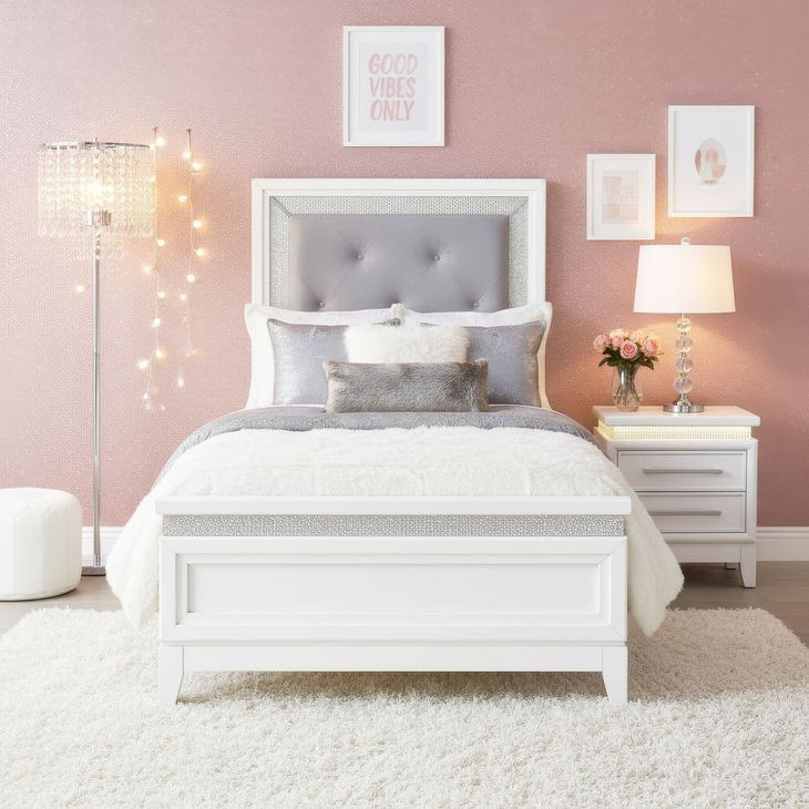Reflections Pearl White and Gray Full Upholstered Panel Bed with LED