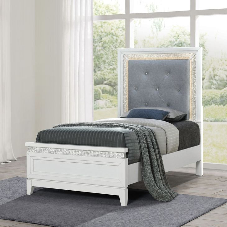 Mirrorline Pearl White and Gray Twin Upholstered Panel Bed with LED