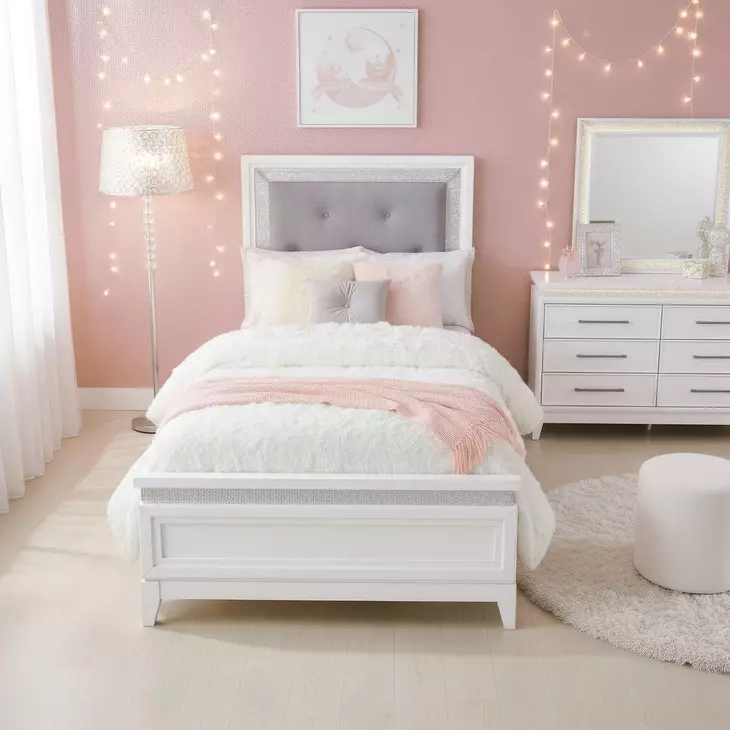 Reflections Pearl White and Gray Twin Upholstered Panel Bed with LED