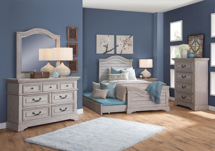 Stonebrook Light Distressed Antique Gray Twin Panel Bed with Trundle