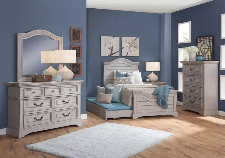 Stonebrook Light Distressed Antique Gray Twin Panel Bed with Trundle