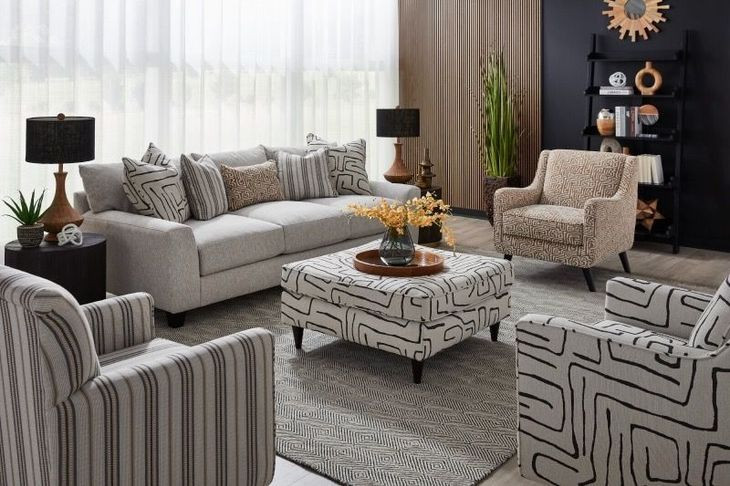 Durango Pewter Off White Performance Fabric 100" Living Room Set with Throw Pillows