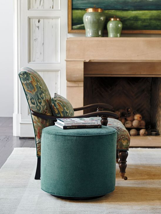 Waverly Silverado Green Upholstered Round Swivel Ottoman