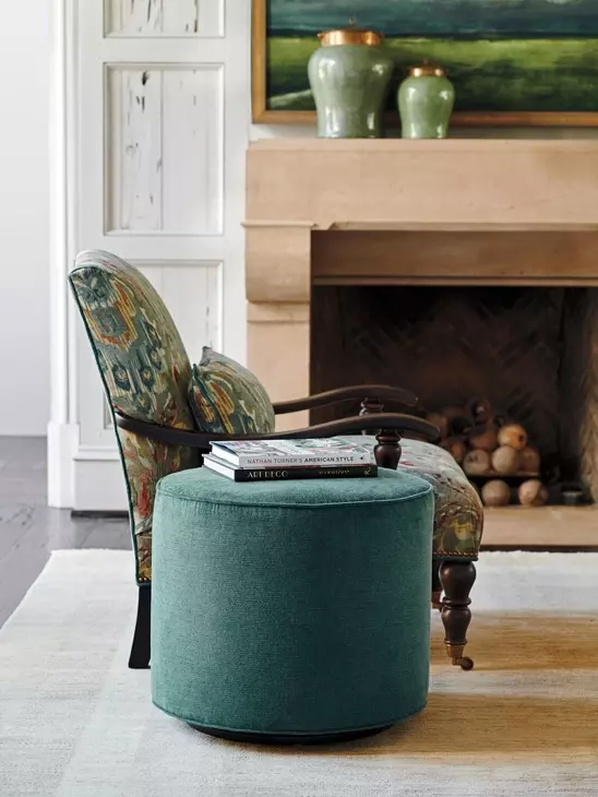 Waverly Silverado Green Upholstered Round Swivel Ottoman