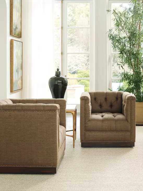 Freemont Silverado Dark Mocha Upholstered Swivel Chair with Nailhead Trim